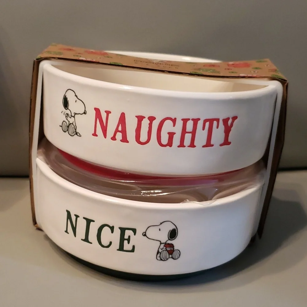 Rae Dunn Peanuts stackable Naughty / Nice Snoopy bowls set of 2 NWT